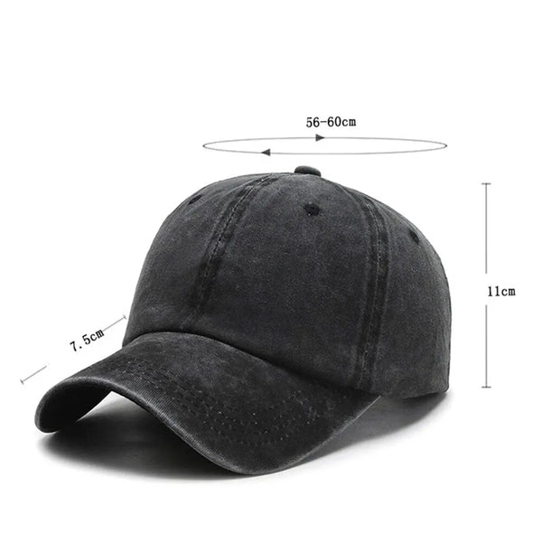 A black casual baseball cap shown from the side with dimension markings.