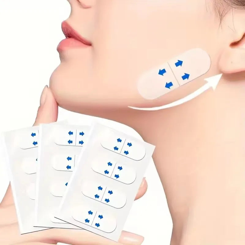 Adhesive patches for face lifting applied to the cheek area of a woman's face.