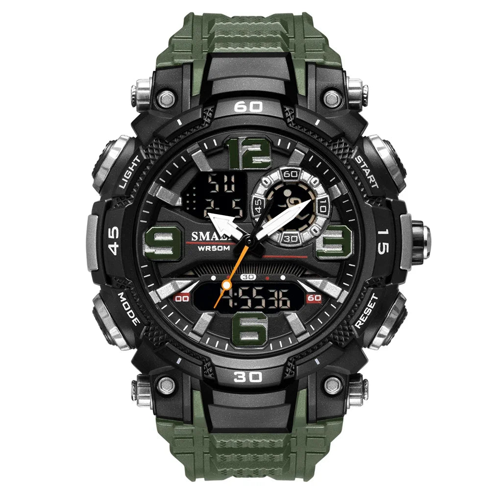A dark green digital wristwatch with a black strap and multiple functions like light and start/reset.