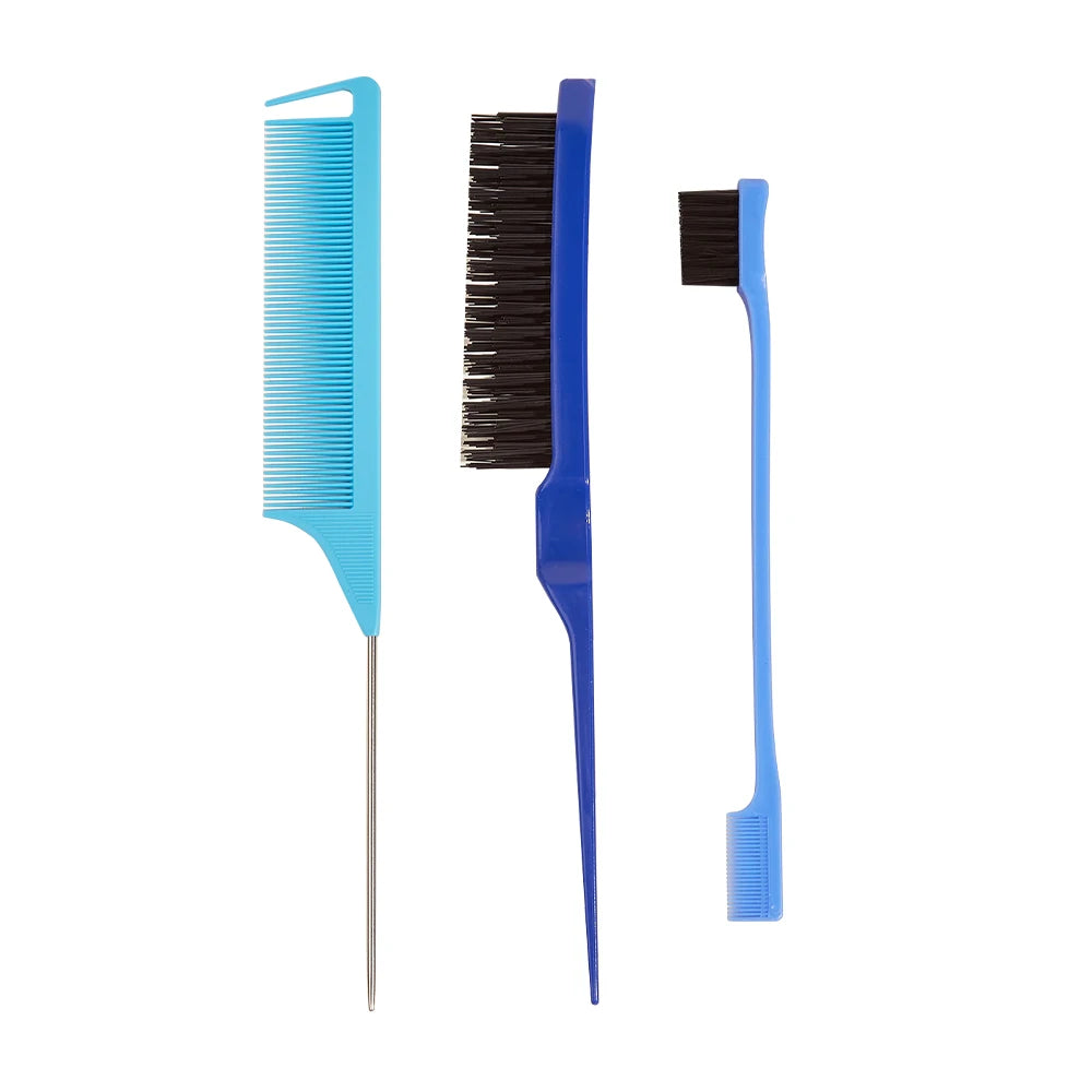 A set of blue hair combs and styling brushes, including a long pointed comb and a flat brush.