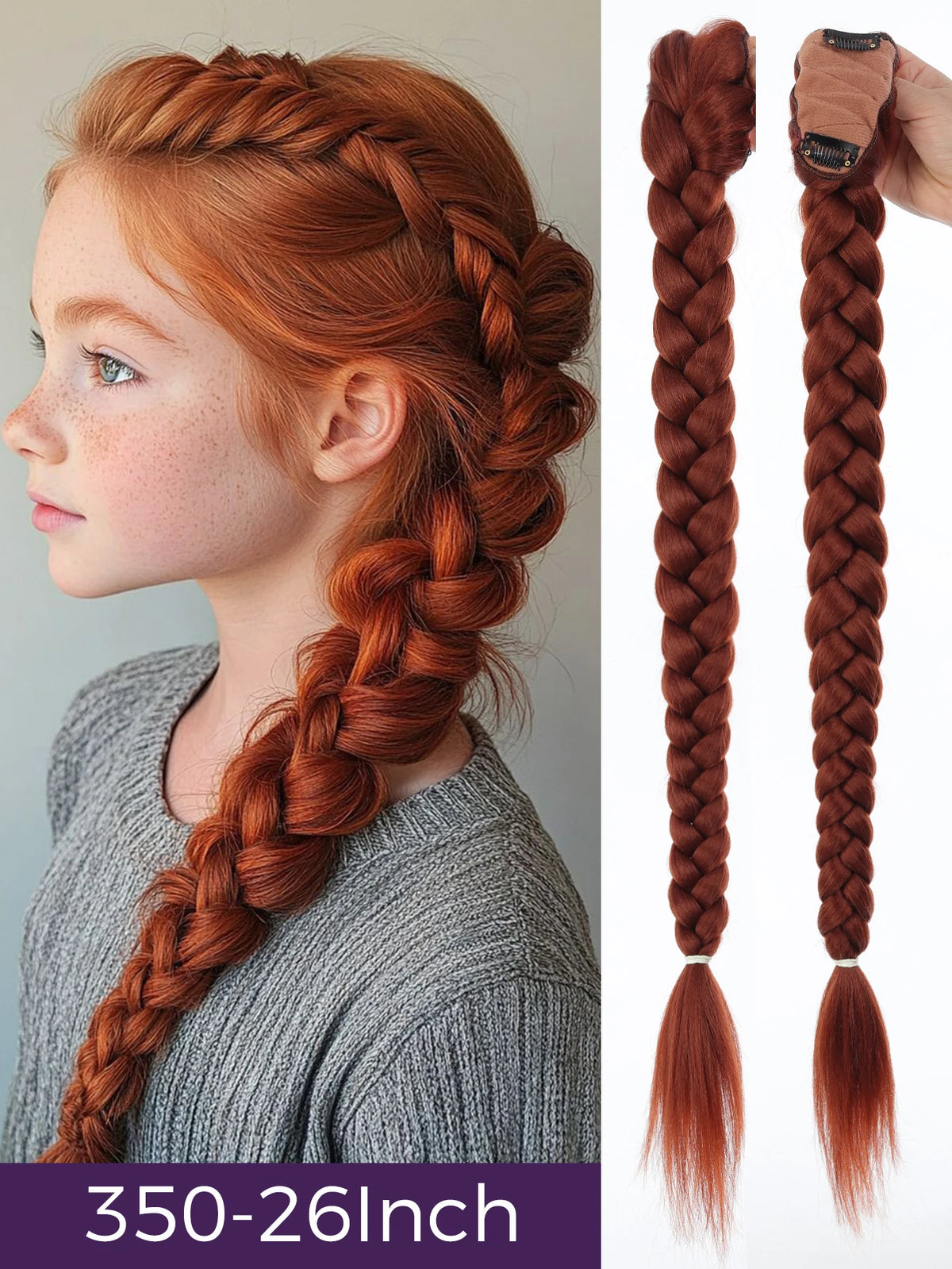 A close-up of a girl with reddish-orange hair styled in a braided ponytail, showing the texture and length.