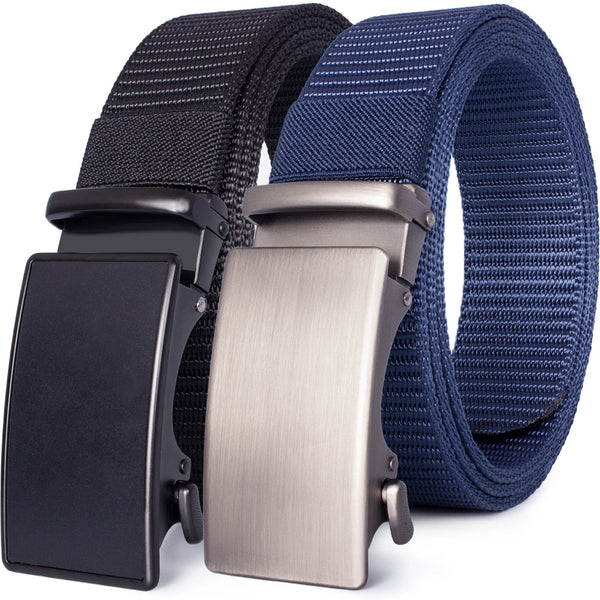A tactical canvas utility belt with black and blue woven straps and a silver buckle.