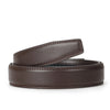 A brown genuine leather buckle belt for men shown flat.