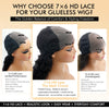 A product image showing a 7x6 HD Lace wig with various sizing options and features.