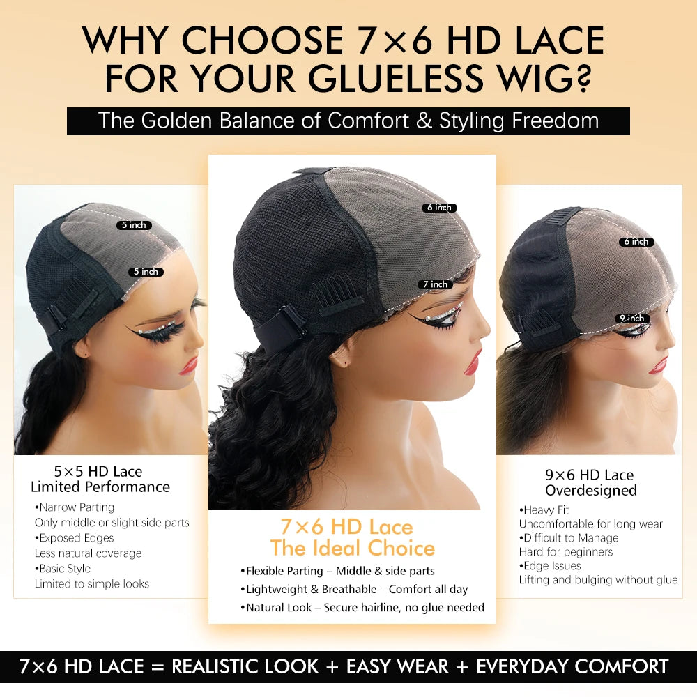 A product image showing a 7x6 HD Lace wig with various sizing options and features.