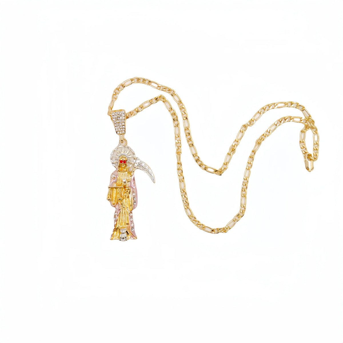 Goldener Anhänger mit Santa Muerte-Figur, Juwelen und Krone