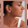 Close-up shots of simulated diamond stud earrings worn by women, highlighting the sparkle and design.