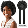 A woman models a black Mulberry Silk sleep bonnet with a white top, shown next to the product.