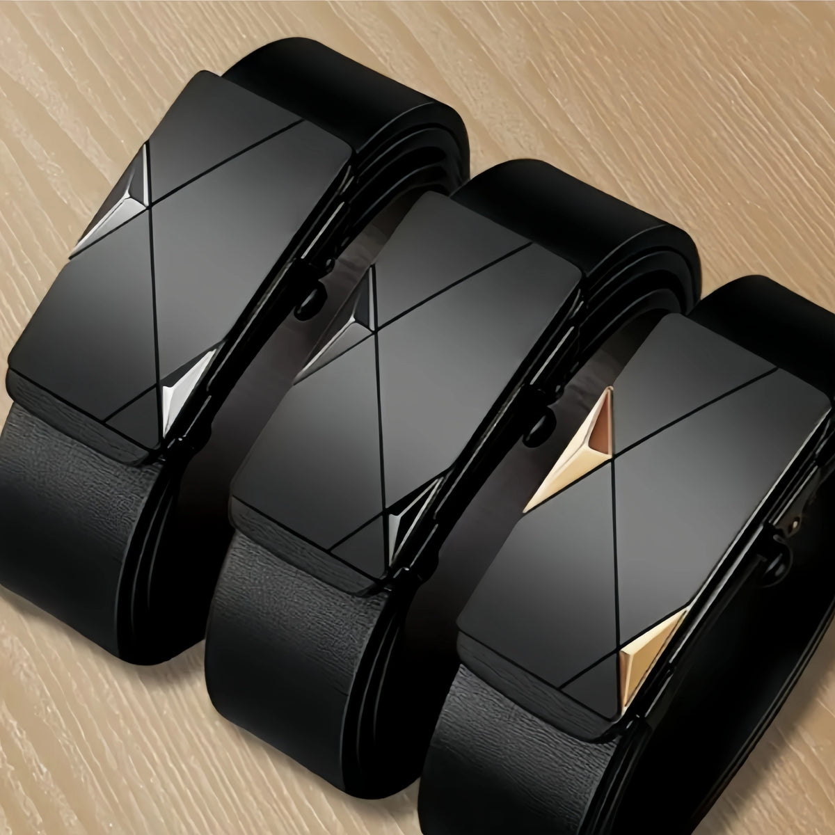 A close-up view of a black men's automatic buckle casual belt resting on a light wooden surface.