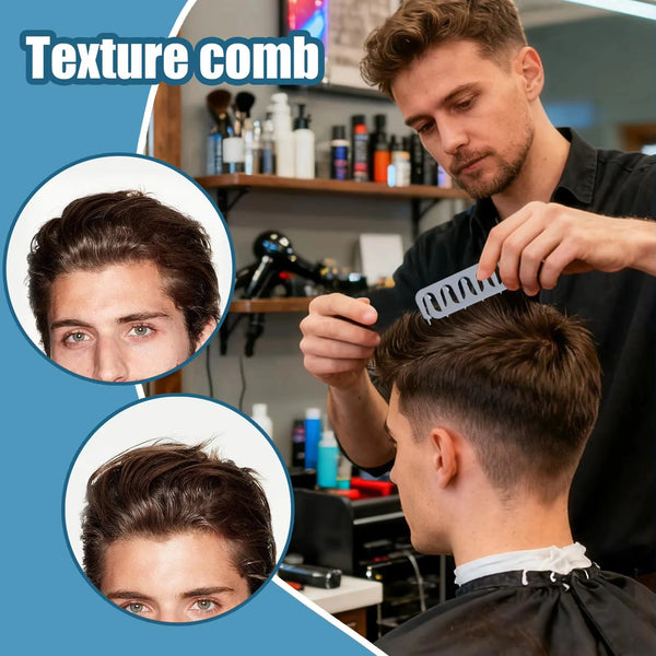 A male hairstylist uses a volume boosting detangling hair comb on a client's short haircut.