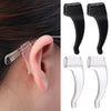 Black silicone ear hooks for eyeglasses shown next to a human ear and various sizes.