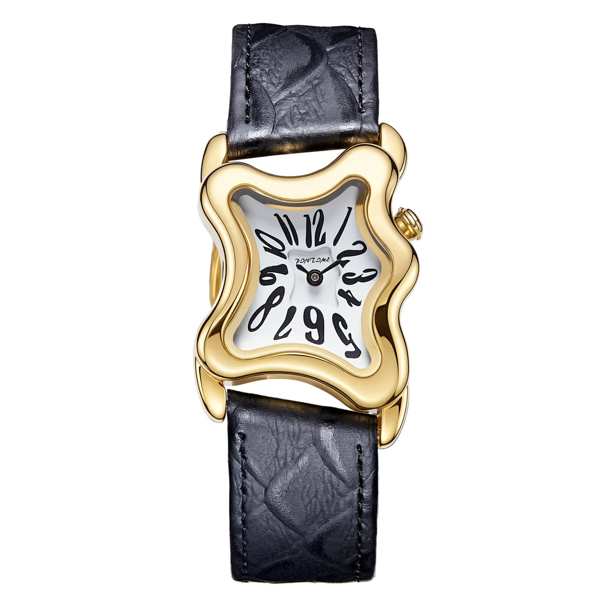 A vintage irregular quartz watch with a gold-toned case and a black leather strap.