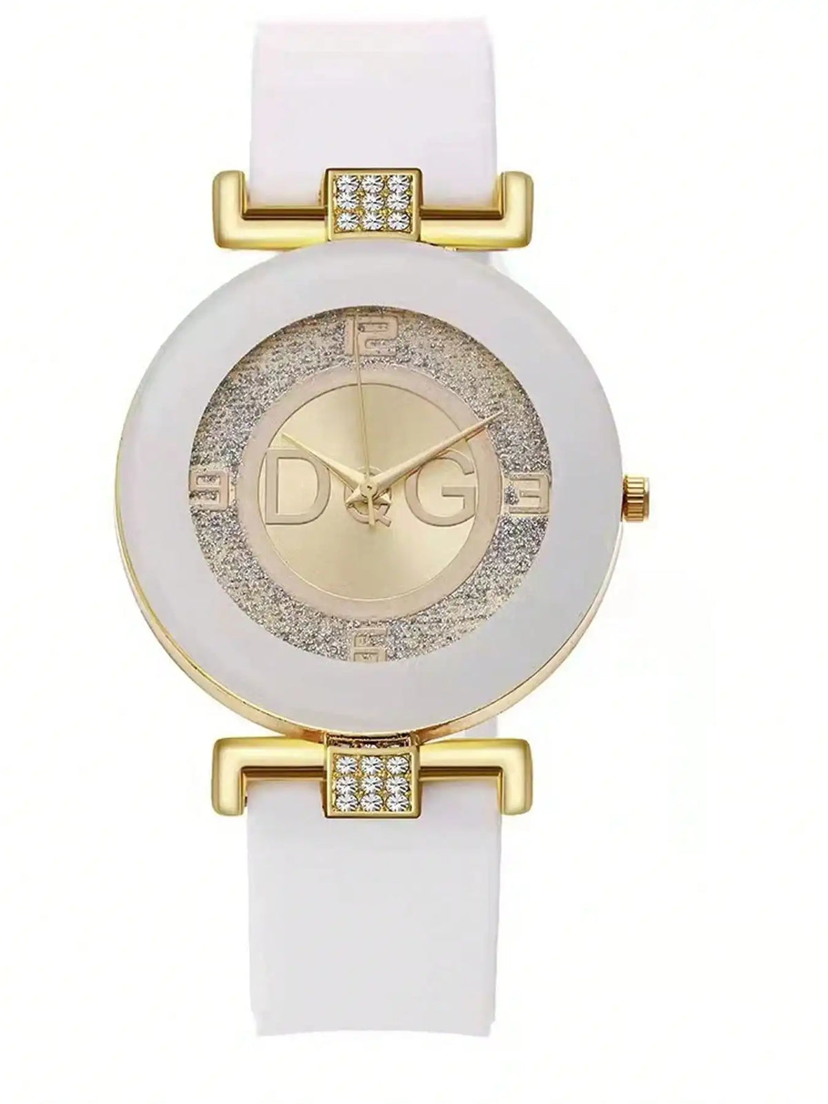 A white quartz wristwatch with a gold-toned case, glitter dial, and white strap.