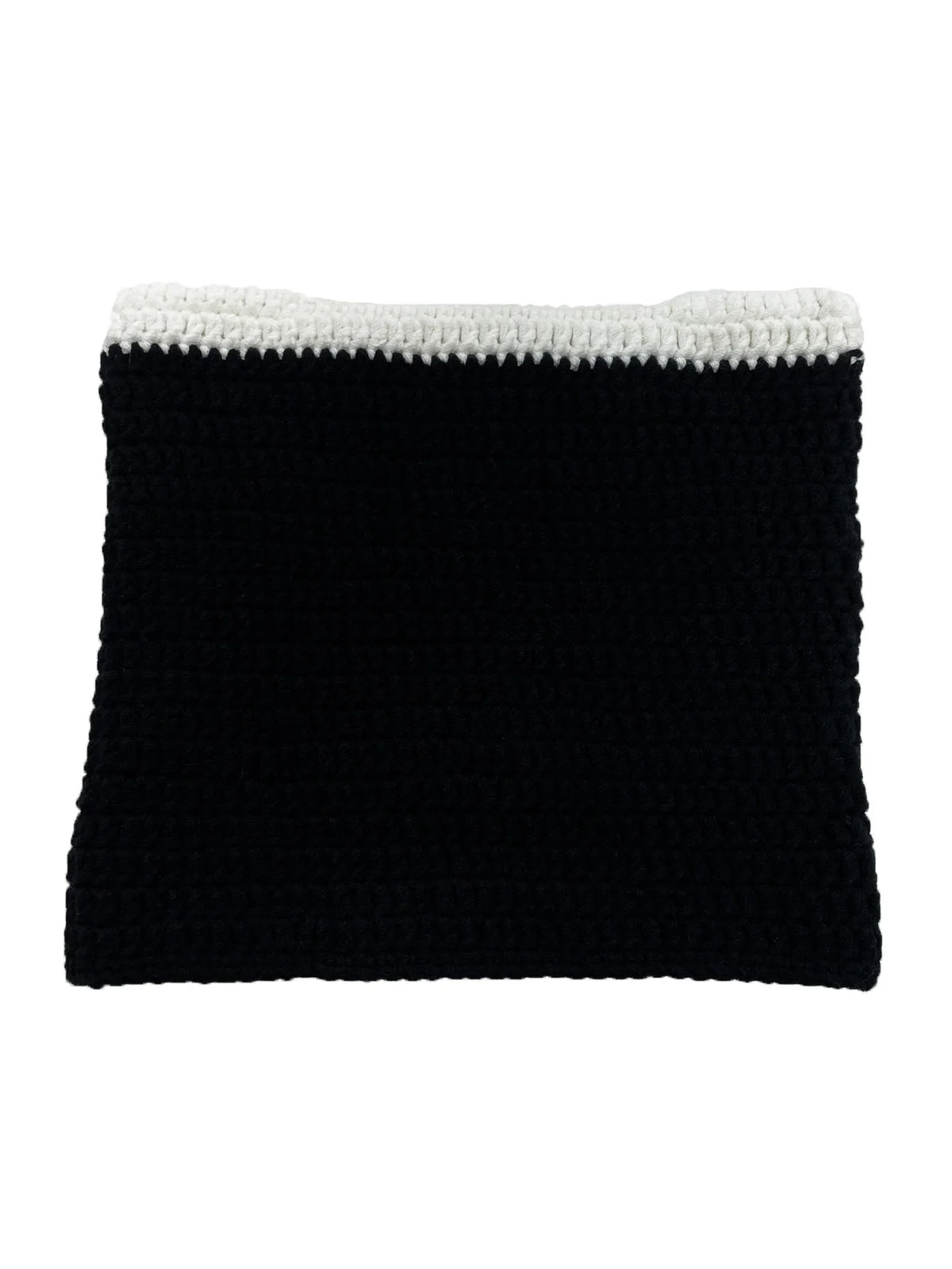 Black crocheted beanie hat with white trim and cat ear design
