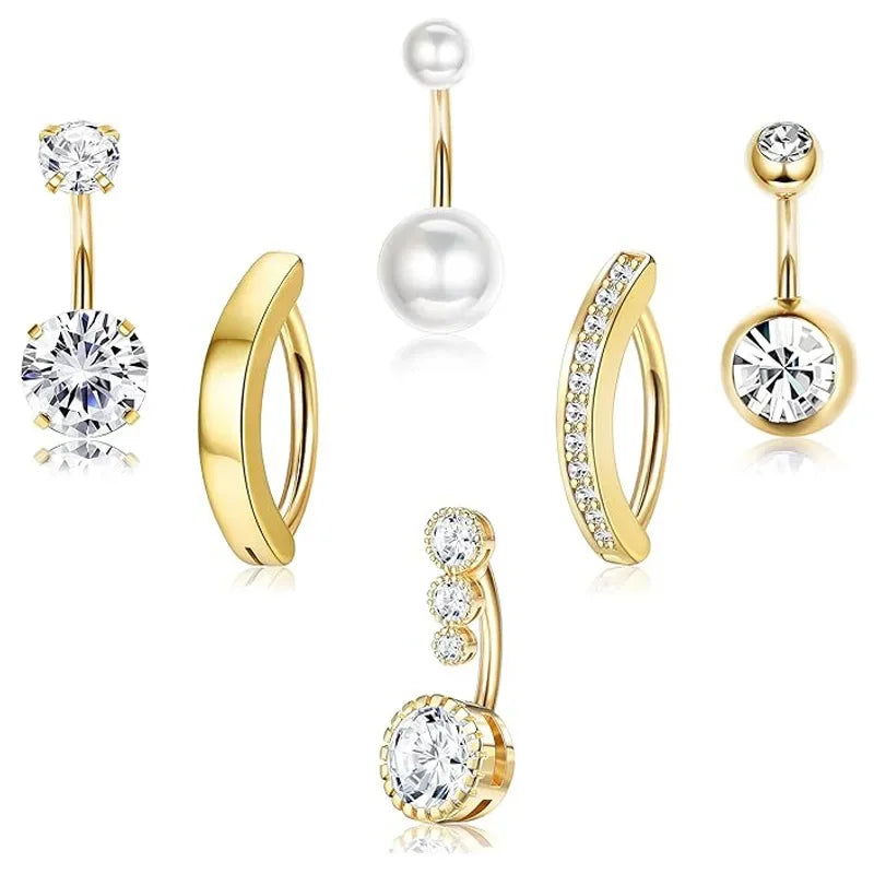 A set of surgical stainless steel belly button rings featuring various diamond and pearl designs.