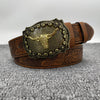 A vintage western PU leather belt featuring an ornate gold-toned bull buckle and brown leather strap.