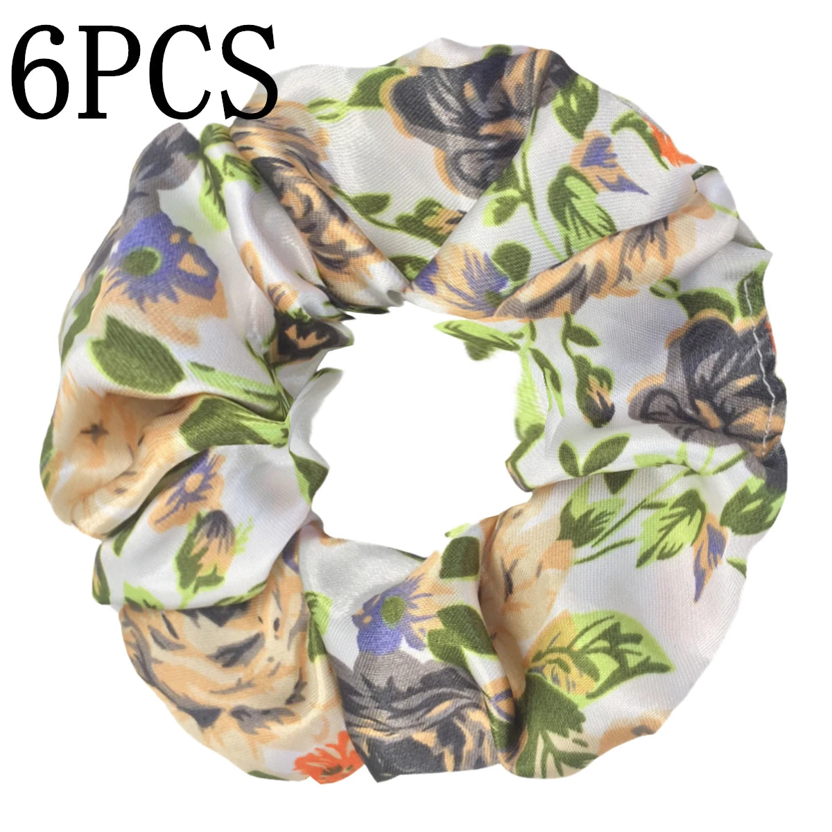 Seis penyos de tela satinada con estampado floral para el cabello en tonos amarillo, morado y verde.