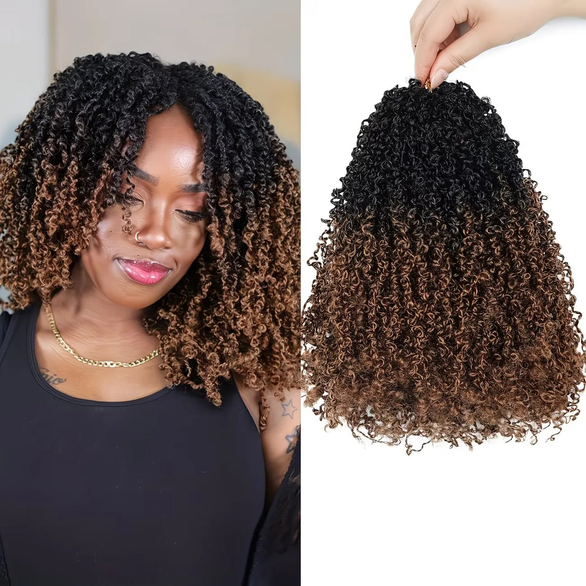 A woman models long, curly brown hair extensions against a white background.
