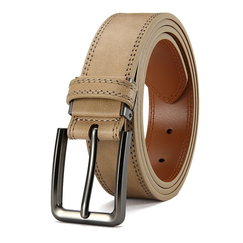 A tan leather belt with a silver automatic buckle shown from the side.