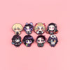 A set of eight cute enamel cartoon brooches featuring various stylized characters and hair colors on a pink background.