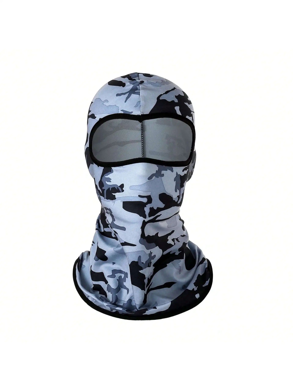 A camouflage balaclava cap worn by a person, featuring a mesh eye opening and black trim.
