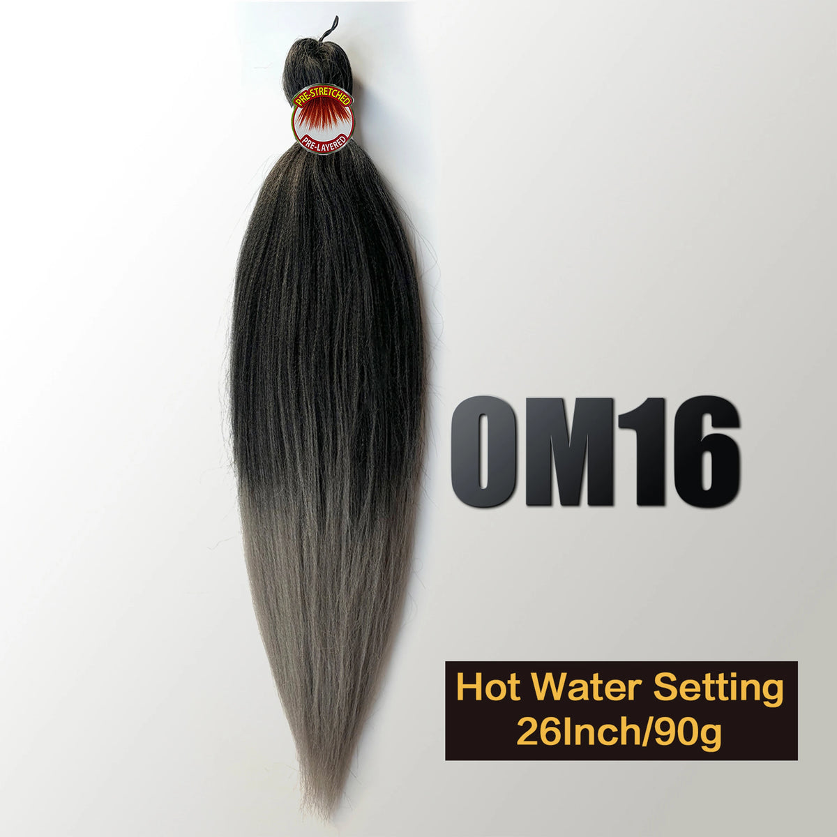 A long, straight black hair extension bundle labeled OM16 with a hot water setting instruction.