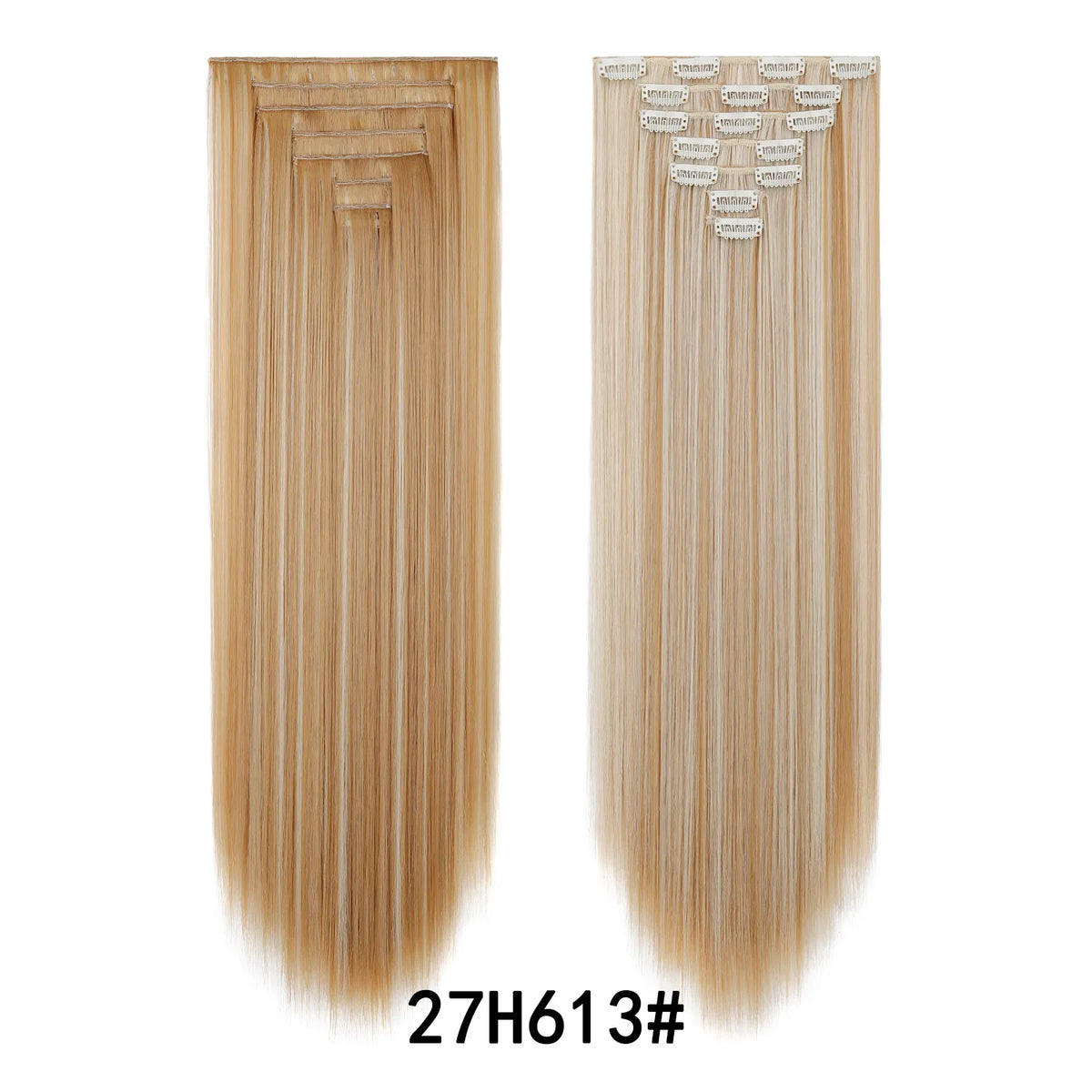 A pair of straight, blonde hair extensions shown hanging vertically.