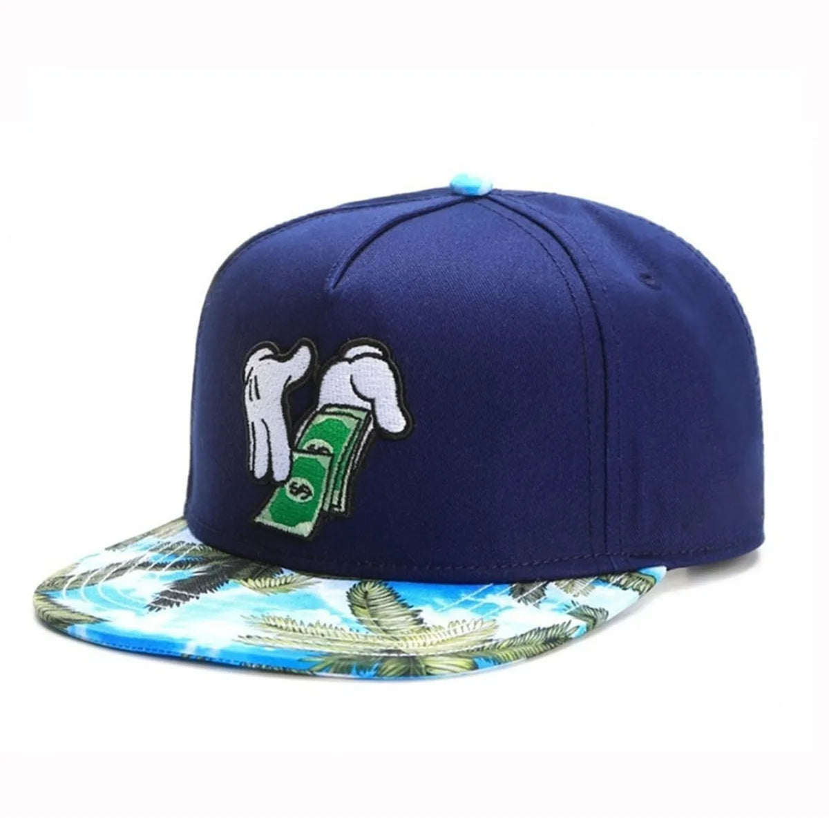 Navy blue snapback cap with a green dollar sign design and a light blue tropical leaf pattern.