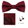 A maroon textured bow tie and a matching cufflink set displayed on a white background.