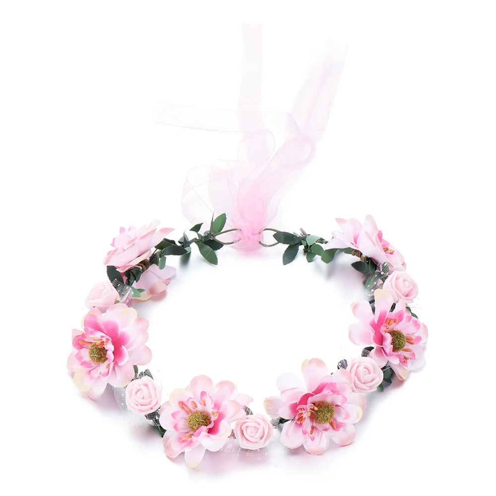 A floral wreath made of pink and white roses used as a bohemian flower headband for women.