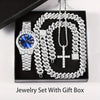 A silver-toned watch and a thick silver chain necklace set displayed in a black box.
