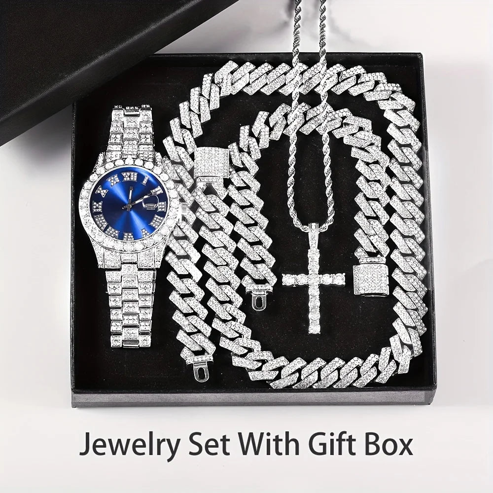 A silver-toned watch and a thick silver chain necklace set displayed in a black box.