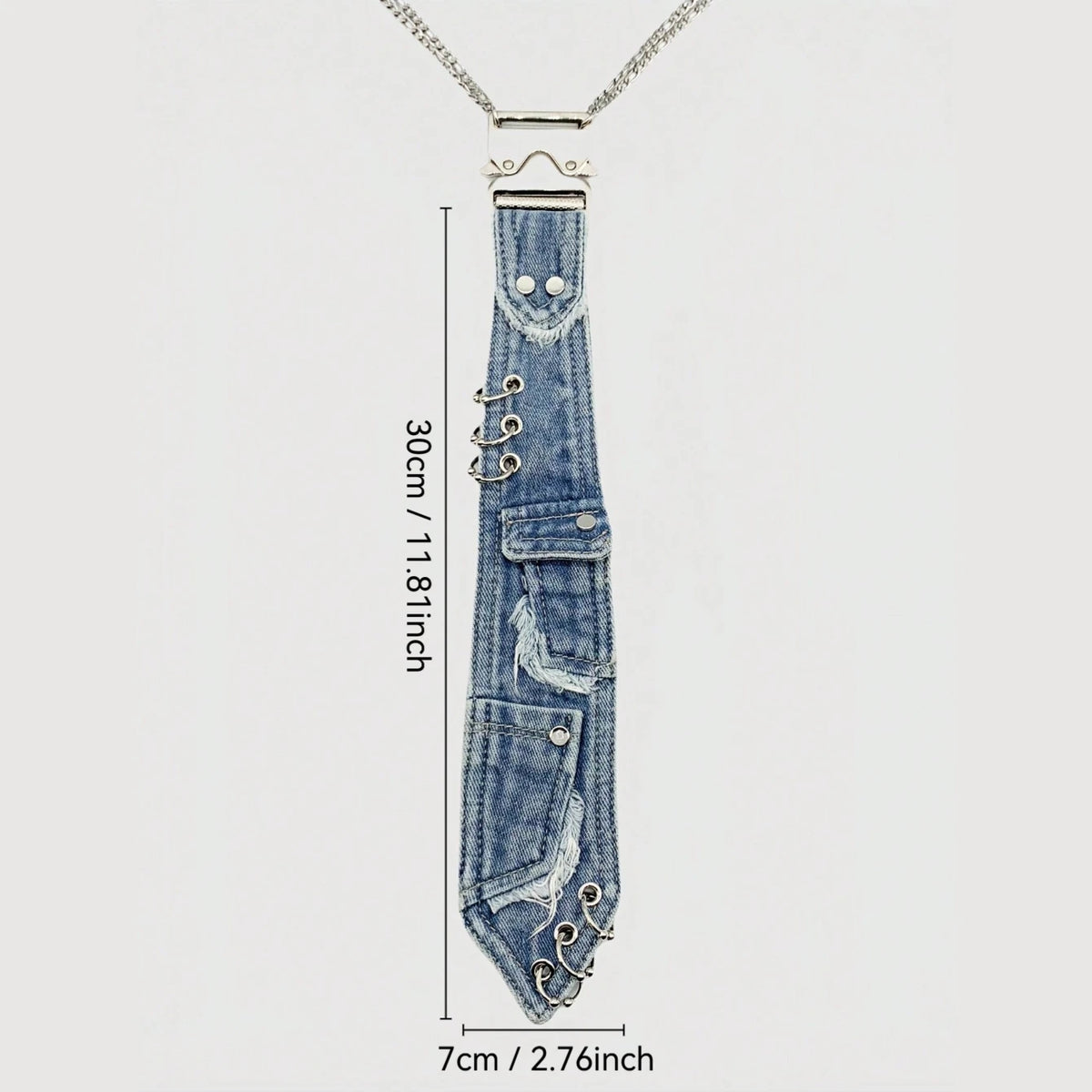 Y2K Distressed Denim Neck Tie with Press Buckle