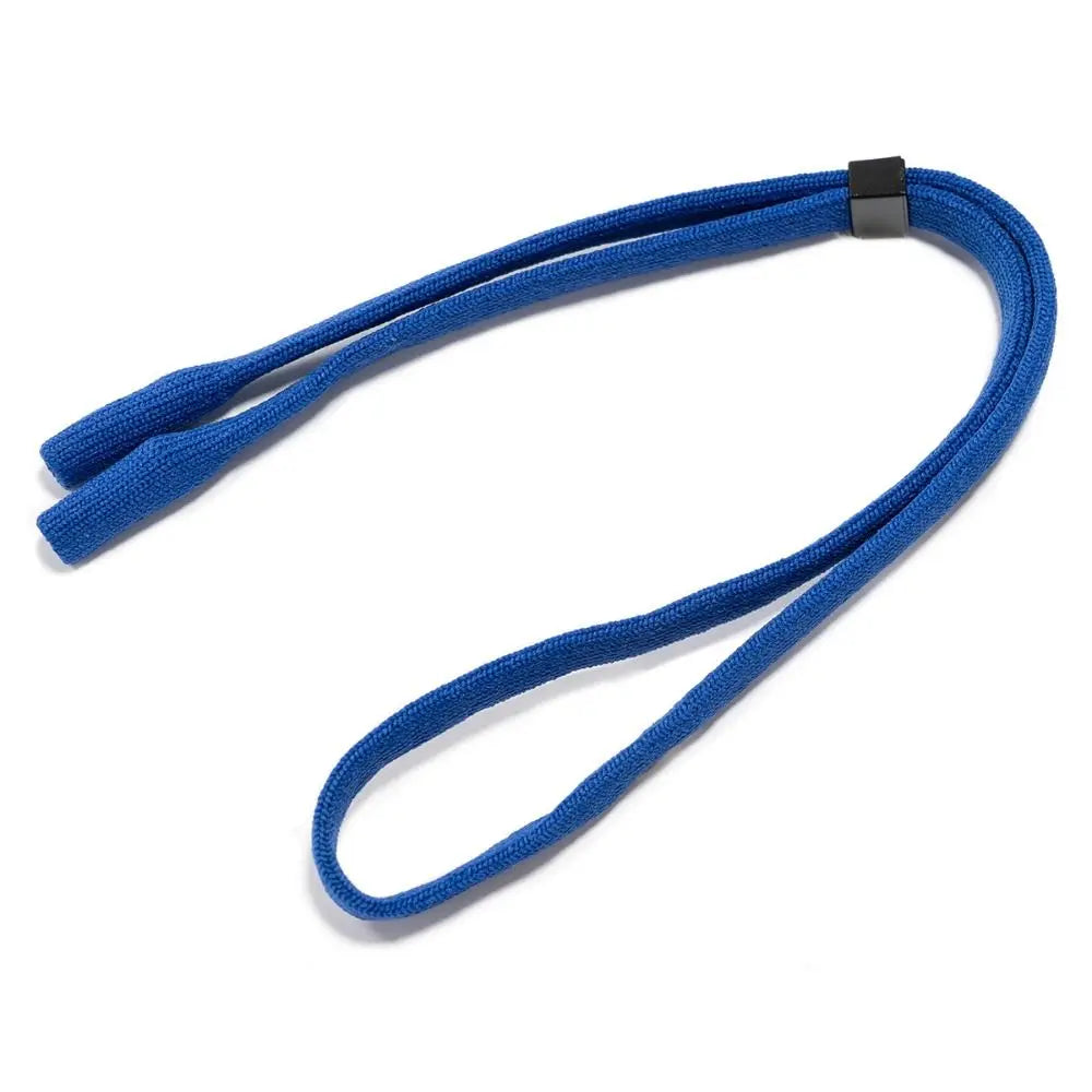 Blue adjustable eyewear lanyard necklace with a black clip.