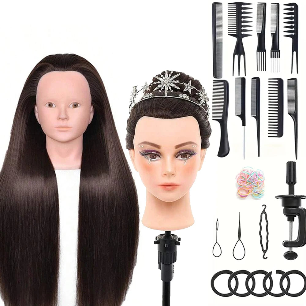 A set of professional cosmetology practice mannequin heads with hair, combs, and styling tools.