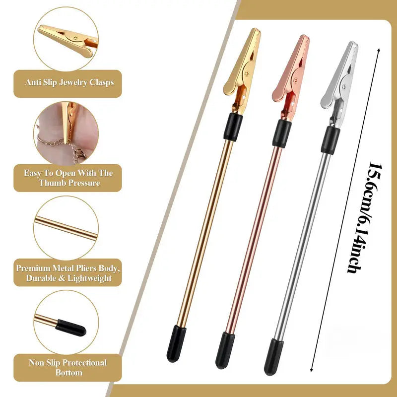 Three stainless steel jewelry pliers with gold and rose gold finishes shown with usage instructions.