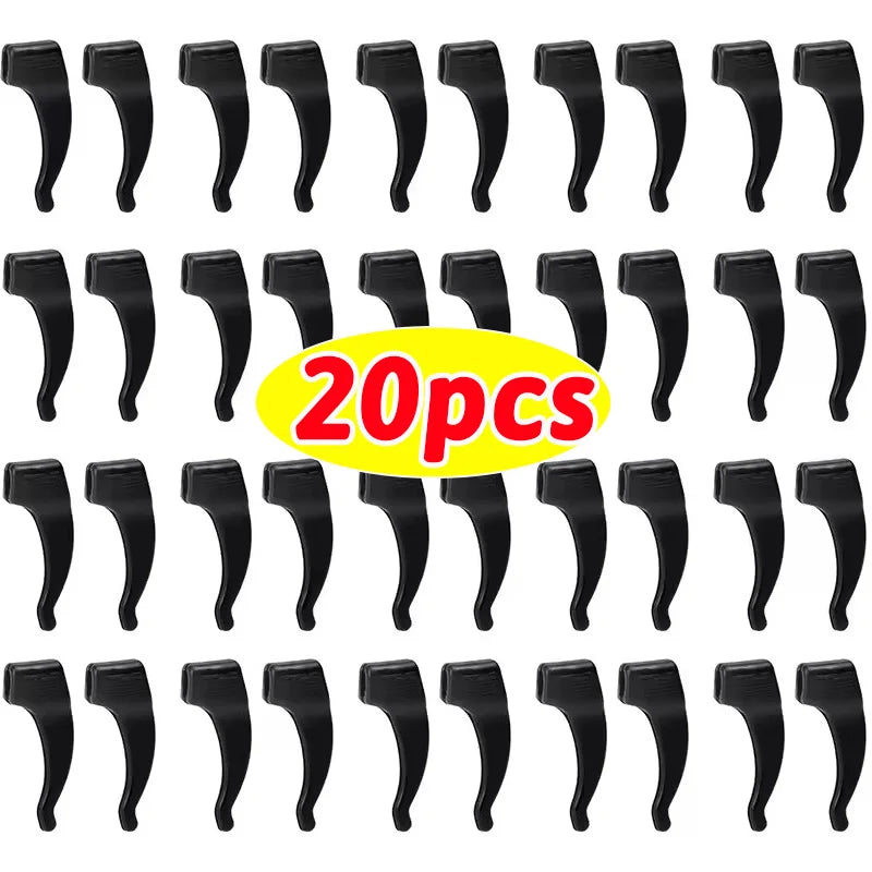 A set of silicone anti-slip ear hooks for eyeglasses, shown in various colors and angles.