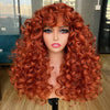 A vibrant red ginger curly wave wig with bangs displayed on a mannequin.