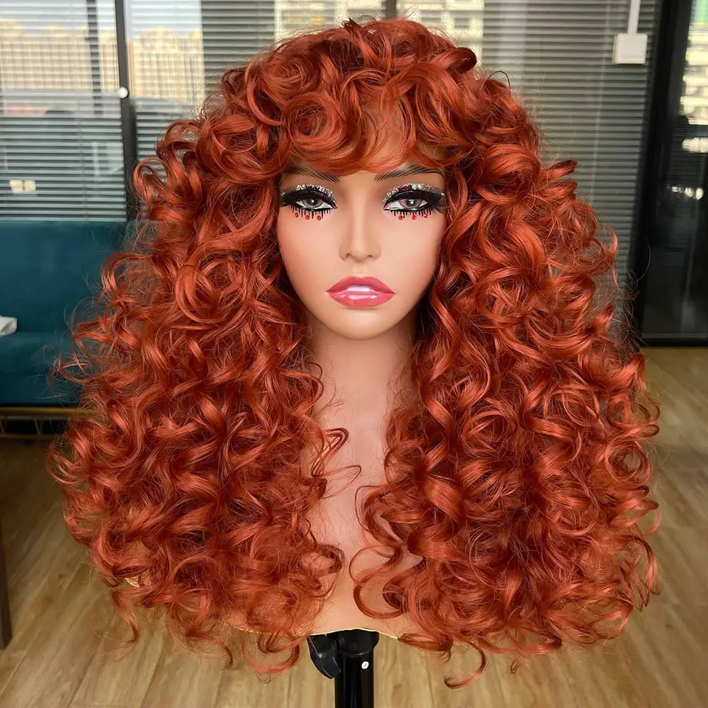 A vibrant red ginger curly wave wig with bangs displayed on a mannequin.