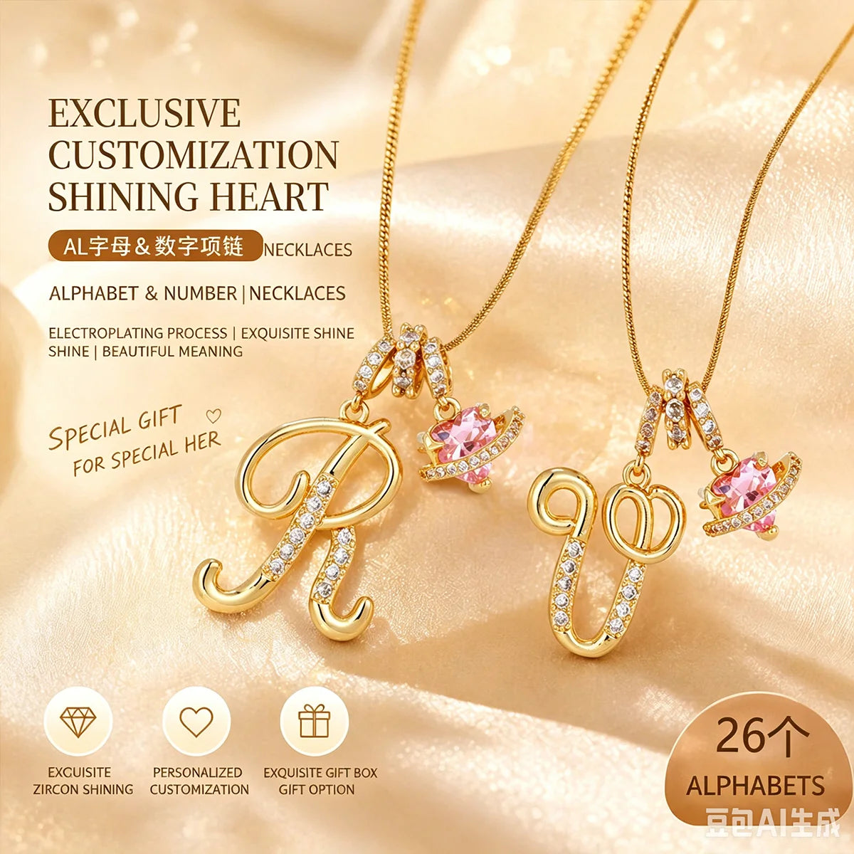 Gold letter pendant necklaces featuring custom engraving and sparkling stones for a special gift
