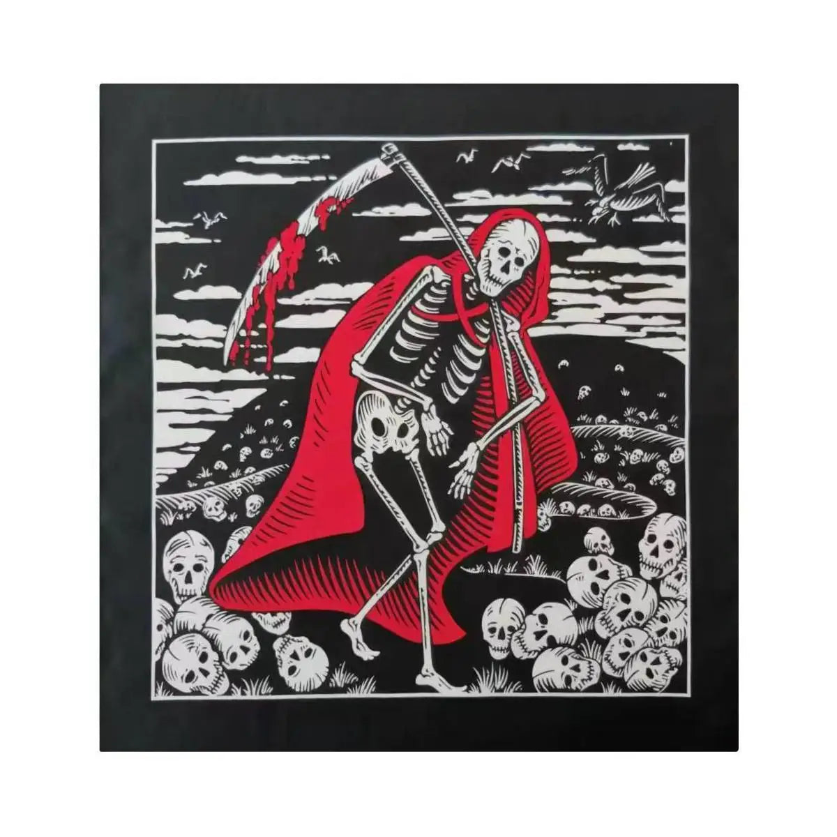 Ilustración en blanco y negro de un esqueleto con una capa roja, sobre fondo oscuro.