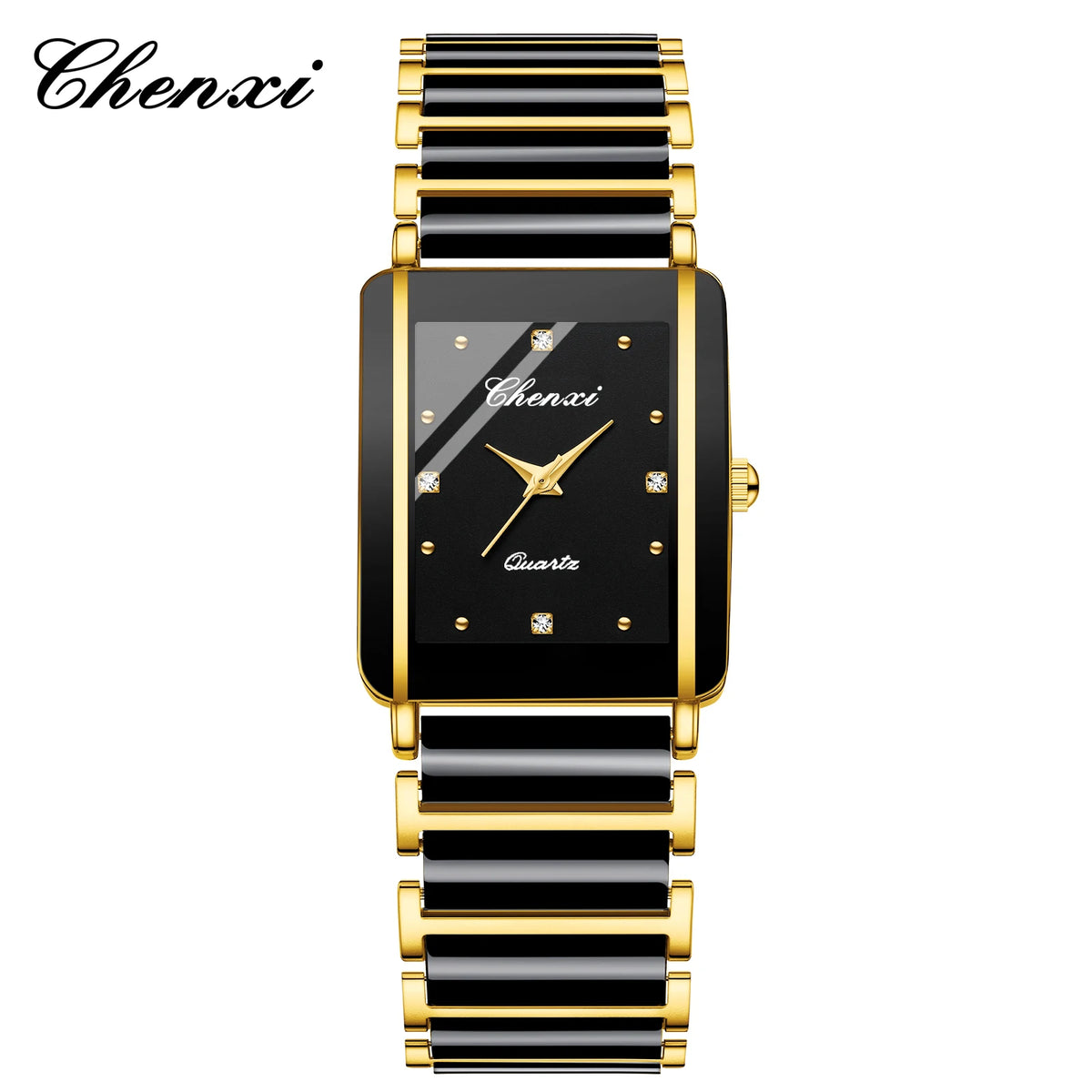 A black and gold luxury quartz watch with a black dial and gold accents on a black strap.
