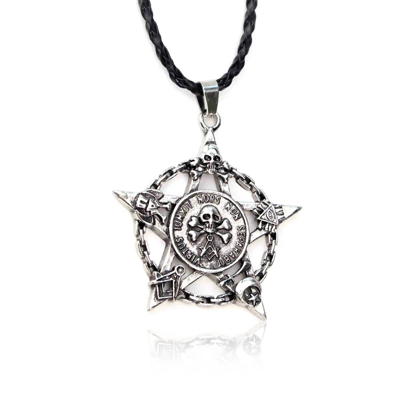 A silver skull pendant necklace with a black cord and geometric design.