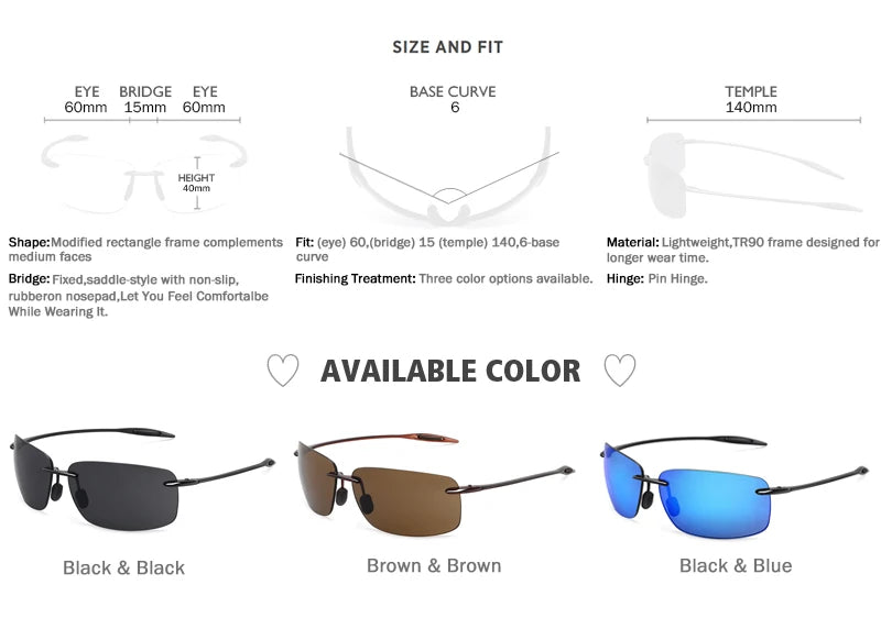 Randlose Sportbrille in Schwarz, Braun und Blau mit Größen- und Passangaben.