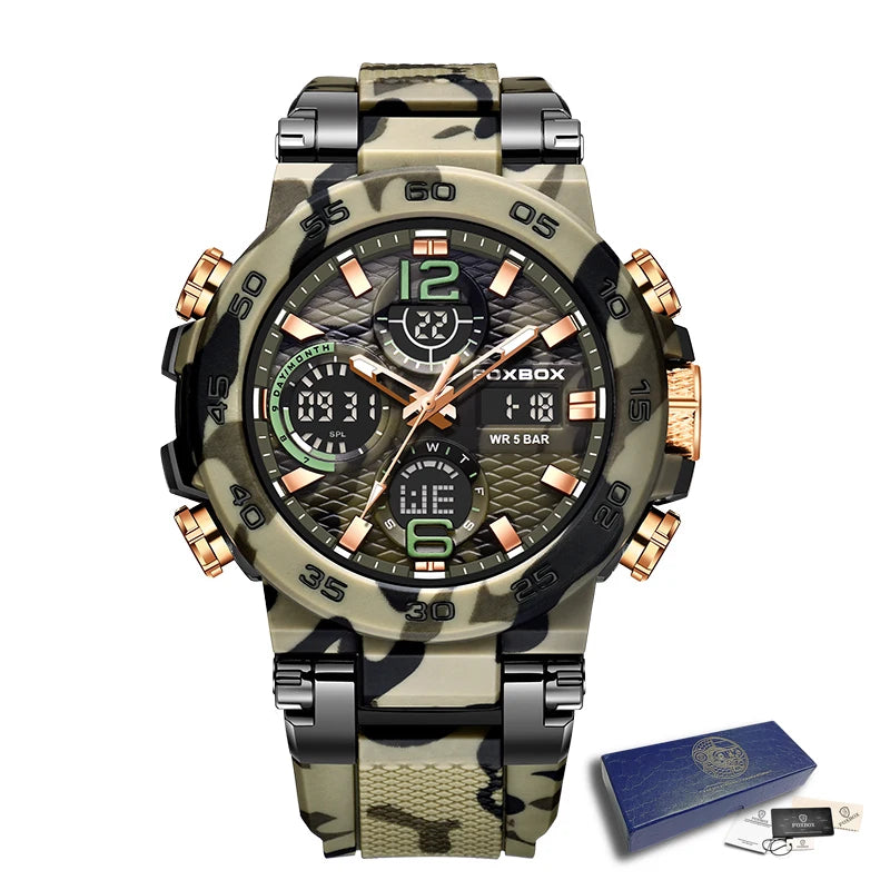 A luxury men's chronograph dive watch with a camouflage green and brown dial and black strap.