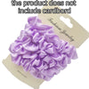 A purple satin hair scrunchies set is displayed on a cardboard tag.