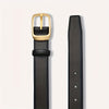 A close-up view of a black leather belt with a gold-toned buckle and a black leather strap.