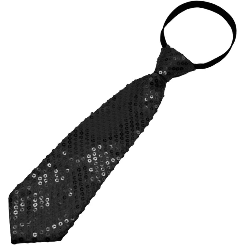 A black sequin tie with a standard necktie shape.
