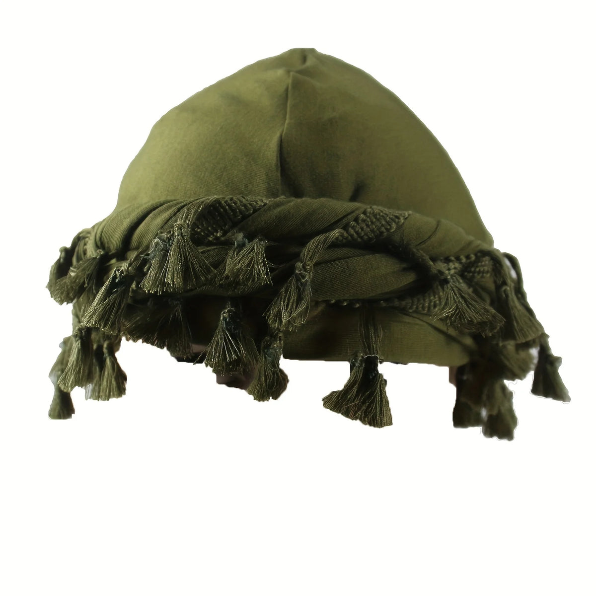Olive green turban head wrap made of stretch modal and satin fabric with fringed edges