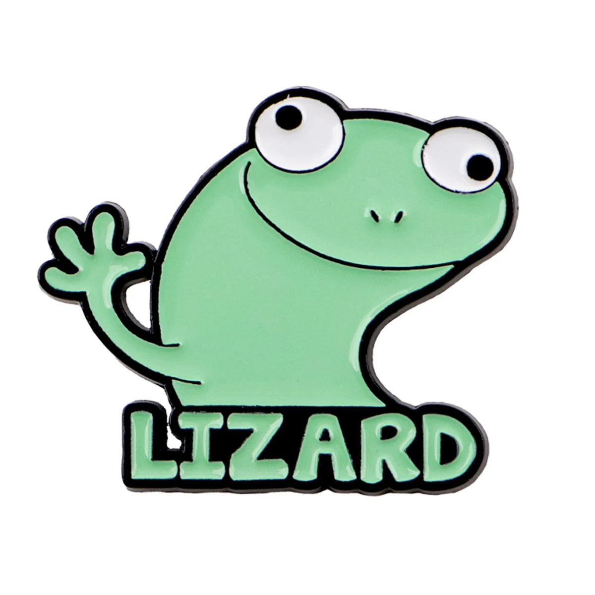 Broche de esmalte verde con la forma de una lagartija sonriente y la palabra LIZARD debajo.